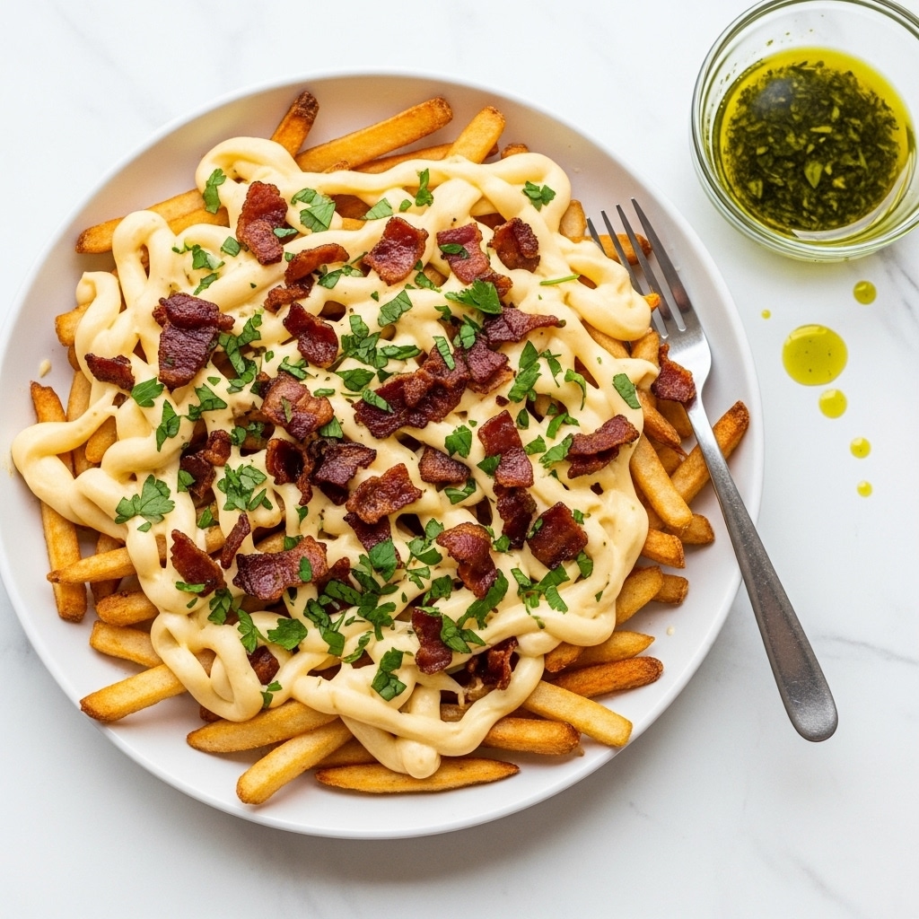 A white round plate filled with a thick layer of golden French fries as the base, topped evenly with melted white cheese sauce that has a smooth, creamy texture. Scattered on top are small, crispy pieces of dark brown bacon and sprinkled fresh green herbs, adding color and freshness. A silver fork rests on the plate's edge, with some fries speared on it. In the top right corner, there is a small clear bowl with green herb sauce and some oil dripped on the white marbled surface around it. The whole scene is bright and warm. photo taken with an iphone --ar 4:5 --v 7