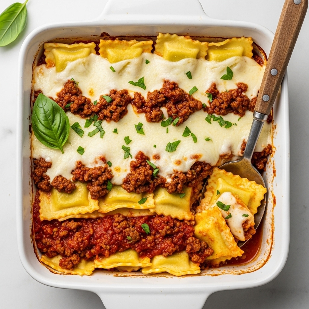 A white rectangular baking dish filled with a layered ravioli bake, where the base layer consists of ravioli pasta in rich red tomato sauce mixed with ground meat and small bits of onion. Above that is a thick, even layer of melted white cheese, slightly browned in spots with small golden patches and garnished with finely chopped green herbs. On top of the cheese are scattered browned meat bits and a few fresh bright green basil leaves for a touch of color. A spoon with a wooden handle is scooping some of the ravioli from the side, revealing layers of saucy pasta underneath. The dish is set on a white marbled surface with a folded white cloth nearby. photo taken with an iphone --ar 4:5 --v 7