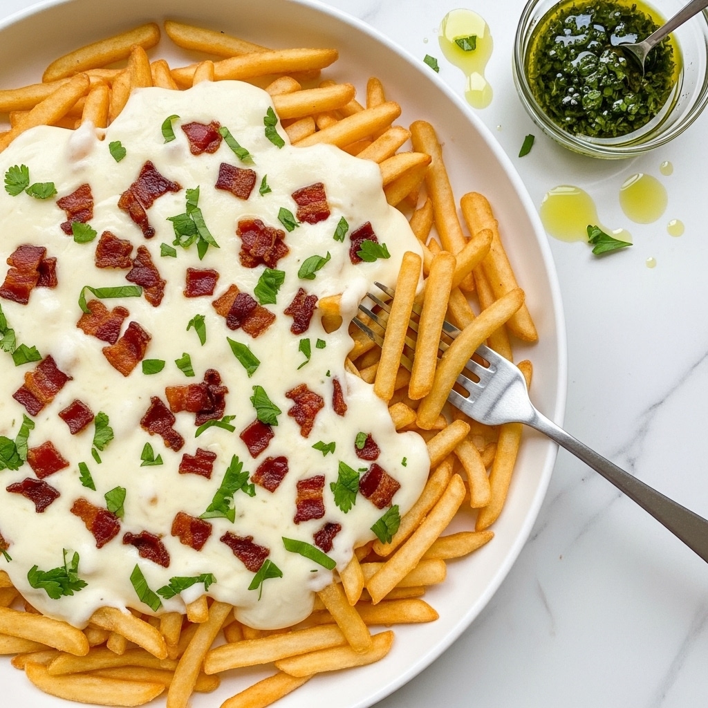 A white plate filled with a base layer of golden-brown crispy fries, topped with creamy melted cheese sauce that drapes over the fries in thick, smooth ribbons. Scattered bacon bits, dark brown and crispy, add a rich texture on top. Fresh chopped green herbs are sprinkled evenly over the fries and cheese, adding a fresh color contrast. A silver fork rests on the edge of the plate, and nearby is a small glass bowl with green herb oil sauce, with some drops spilled on the white marbled surface. photo taken with an iphone --ar 4:5 --v 7