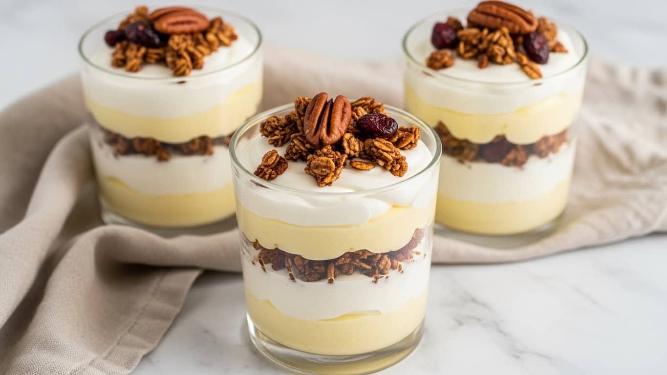 The image shows clear glass cups filled with three layers of dessert placed on a white marbled surface with a white cloth underneath. The bottom layer is smooth and light brown, likely a creamy base. The middle layer is white and fluffy, looking like whipped cream or yogurt. This is followed by another layer of the light brown creamy base, topped again with the white fluffy layer. The top of each cup is covered with a crunchy granola mix, including nuts and dark dried berries, adding texture and color with browns and deep reds. The cups are close together, showing the layers clearly. photo taken with an iphone --ar 4:5 --v 7