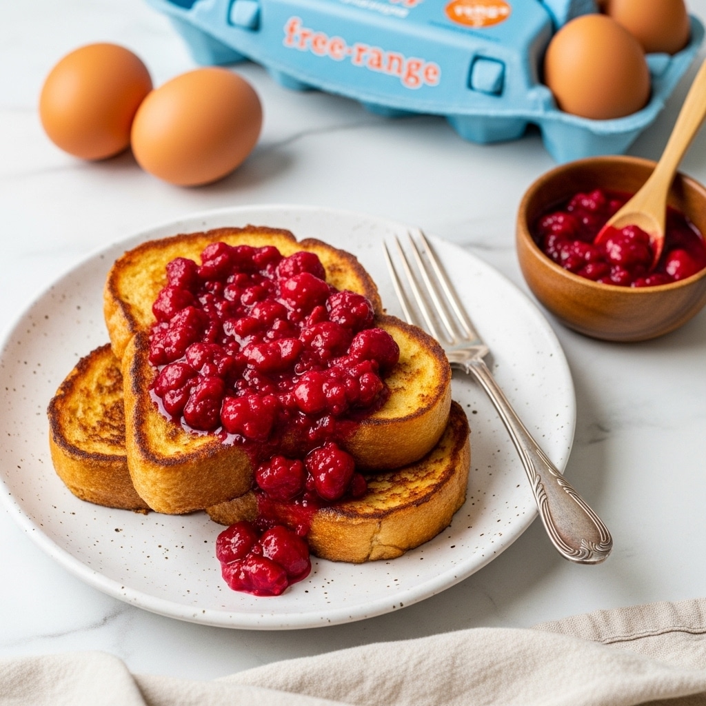 Two slices of golden brown French toast lie on a white speckled plate, stacked slightly overlapping. On top of them, there is a thick layer of chunky, dark red berry compote with whole pieces of fruit, glistening with syrup. A silver fork rests on the right side of the plate. To the left of the plate, there is a small wooden bowl filled with more of the same berry compote, with a small wooden spoon inside it. Above the plate are two light brown eggs. The whole scene is set on a white marbled surface, with a blue carton of free-range eggs partially visible in the upper right corner. Photo taken with an iphone --ar 4:5 --v 7