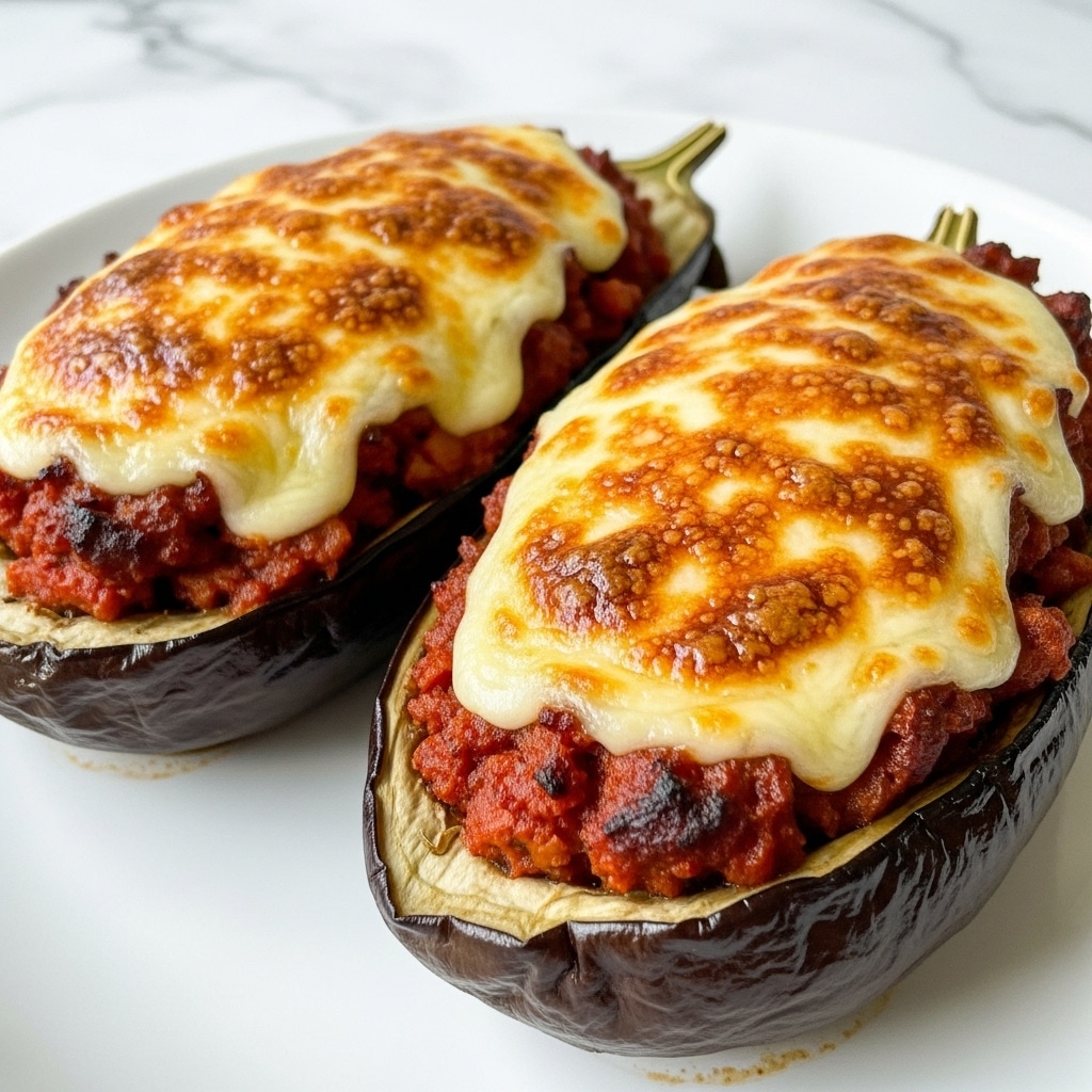 Two slices of eggplant are topped with a thick layer of melted, golden-brown cheese that is bubbly and slightly browned on top. Beneath the cheese, a rich reddish-brown sauce with visible bits of tomato and possibly ground meat fills the hollowed-out eggplant halves, creating a hearty filling. The eggplant skin is dark purple and shiny, holding the filling in place. The dish sits on a square white plate, placed on a white marbled surface. photo taken with an iphone --ar 4:5 --v 7