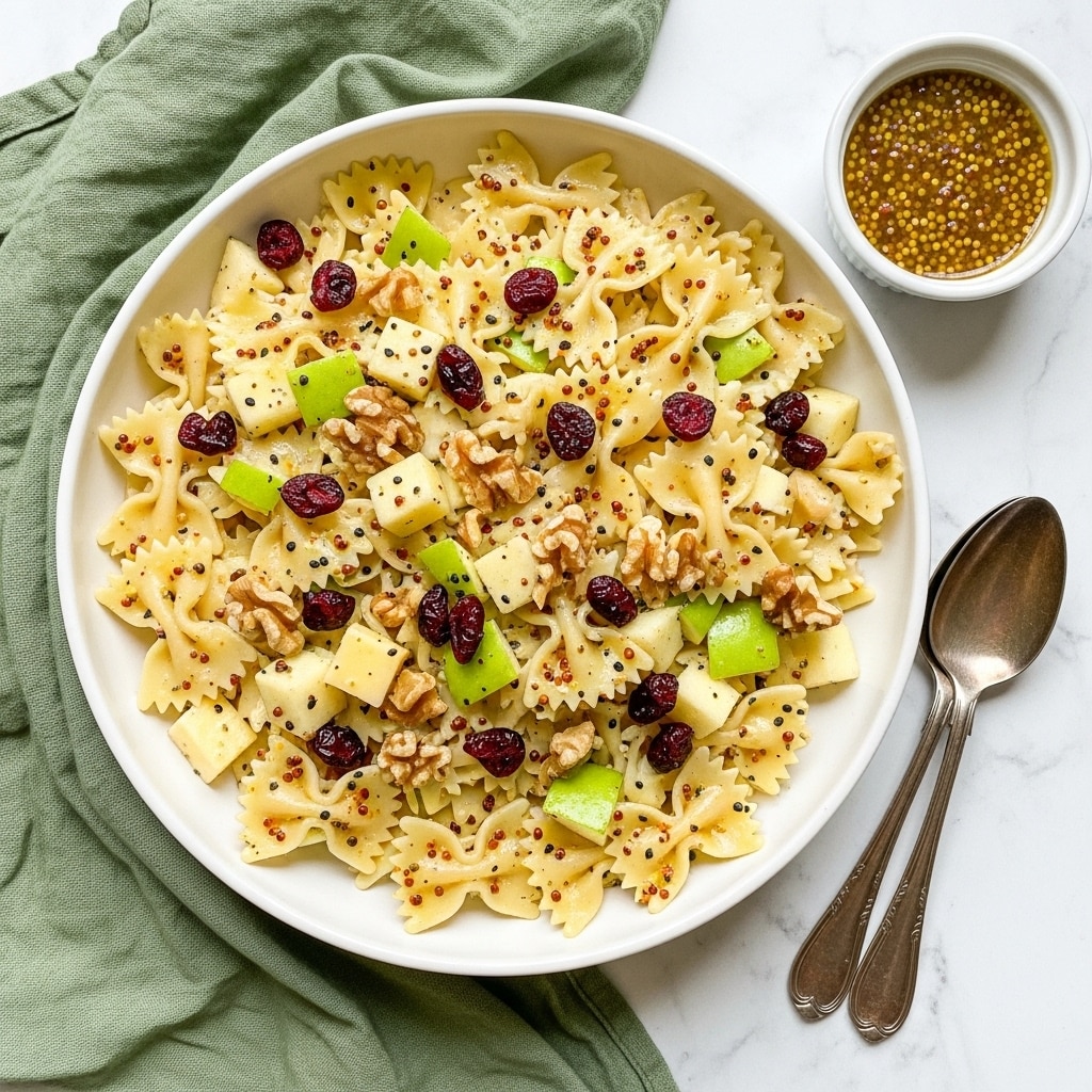 A white round bowl filled with three layers of bow-tie pasta that looks golden-yellow, chopped green apple pieces, small dark red dried cranberries, and medium brown walnut pieces, all mixed together and topped with a grainy mustard dressing that adds a speckled appearance; the bowl rests on a soft, crumpled sage green cloth on top of a white marbled surface, with a small white bowl of the same mustard dressing and two vintage silver spoons placed to the right side of the main bowl. photo taken with an iphone --ar 4:5 --v 7