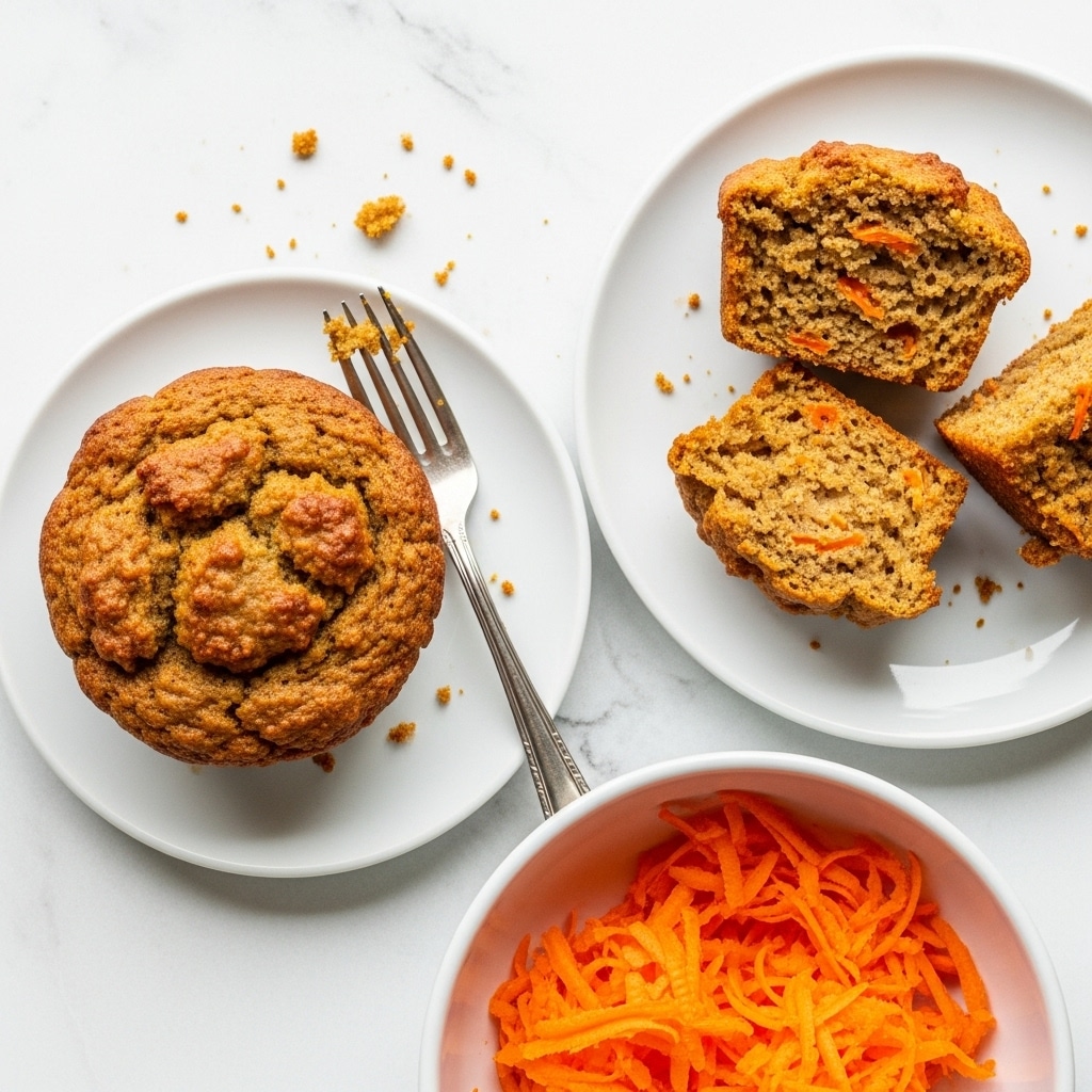 The image shows a round, golden-brown muffin with a slightly rough, crispy top sitting on a small white plate. There is a silver fork next to the muffin with some crumbs on its tines. Nearby, another white plate holds two smaller, irregularly shaped pieces of the muffin, revealing a moist, orange-speckled inside that looks soft and crumbly. A white bowl at the bottom right contains bright orange shredded carrot, contrasting with the neutral tones of the muffin and plates. The scene is set on a white marbled surface with a few crumbs scattered around. Photo taken with an iphone --ar 4:5 --v 7