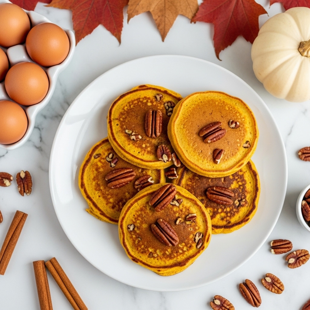 The image shows a white plate filled with five round, golden yellow pancakes, each with a slightly browned surface varying in shade from light to dark golden. The pancakes are layered closely together with some overlapping, and several pecan halves are placed on top of and around the pancakes. The plate sits on a white marbled surface surrounded by cinnamon sticks, star anise, a white pumpkin, a dozen brown eggs in a white carton, and some autumn leaves with red and brown colors, creating a cozy and warm fall atmosphere. Photo taken with an iphone --ar 4:5 --v 7
