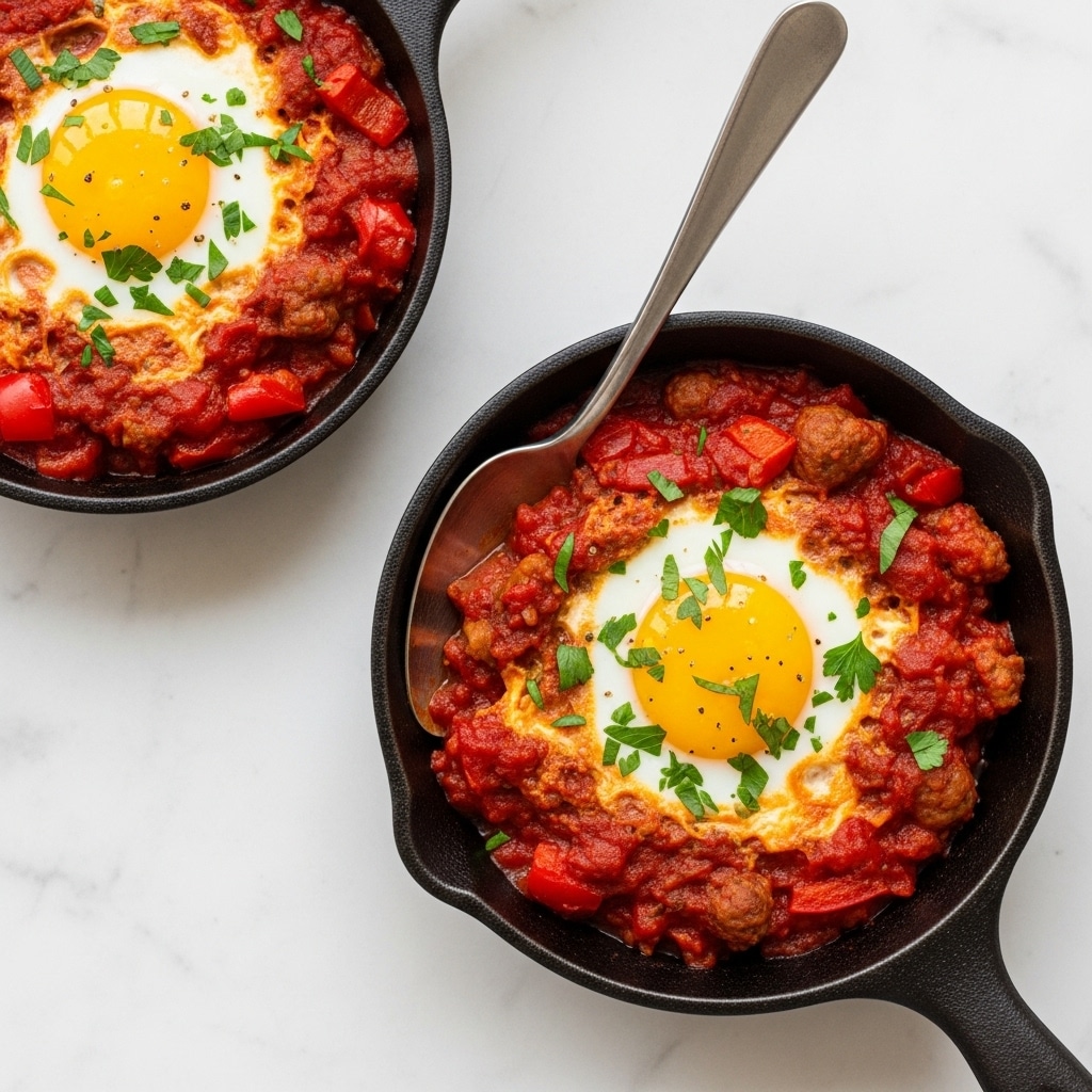 The image shows two black cast iron skillets on a white marbled surface. Each skillet contains a dish with one fried egg on top, bright yellow yolks shining in the center, and cooked white around them. Beneath and around the eggs are layers of chunky red tomato sauce mixed with pieces of red bell pepper and browned bits, creating a rich, thick texture. Fresh green parsley leaves are scattered on top of the eggs and sauce, adding color contrast. A detailed silver spoon rests in one skillet, partly dipped into the sauce under the egg. Small pieces of parsley are also scattered on the surface around the skillets. Photo taken with an iphone --ar 4:5 --v 7