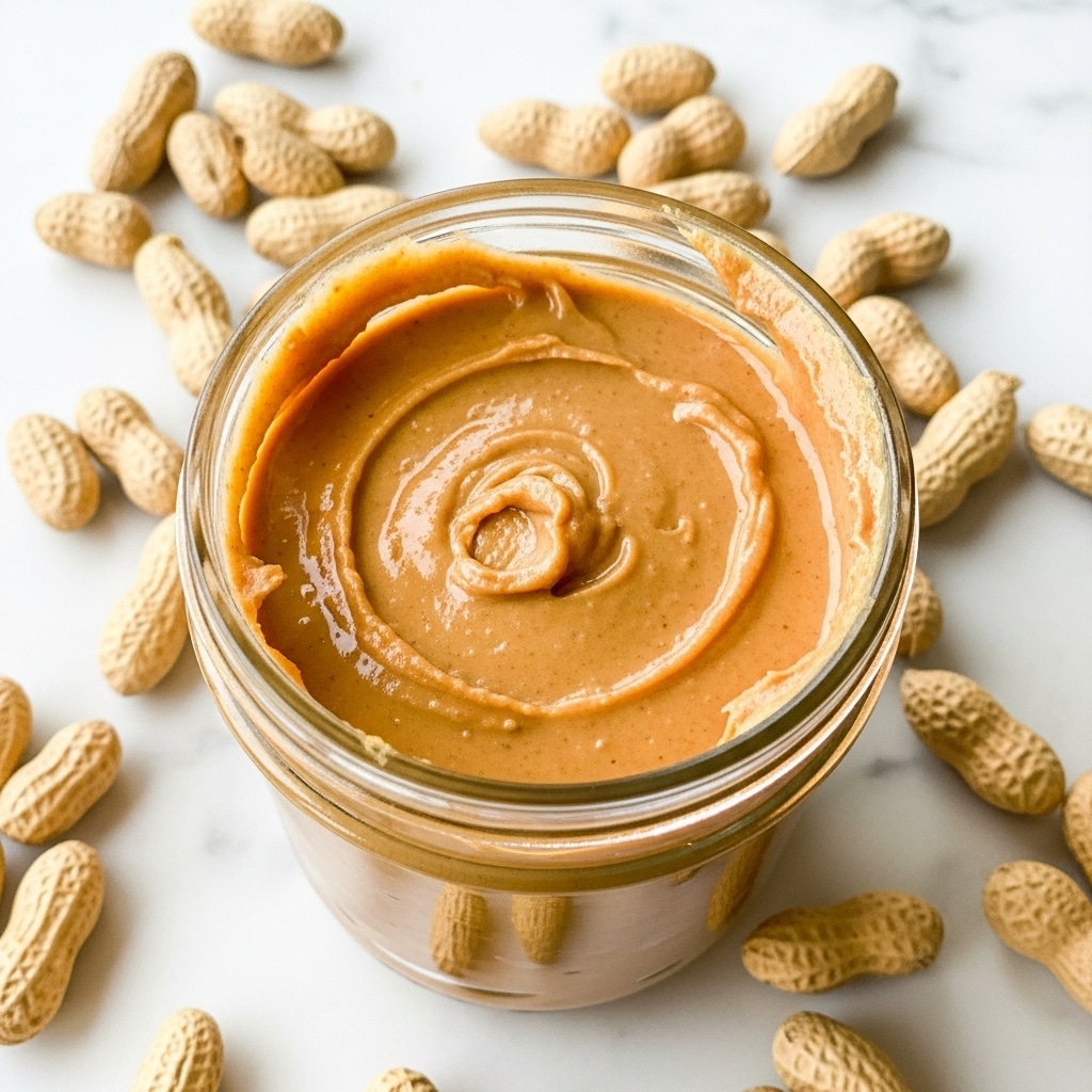 A close-up top view of a glass jar filled with smooth peanut butter, creamy and slightly shiny, with some peanut butter stuck on the inside rim. Around the jar on a white marbled surface are scattered whole peanuts with their shells removed, giving a natural look. The image focuses on the jar's round opening and warm, light brown peanut butter inside. photo taken with an iphone --ar 4:5 --v 7
