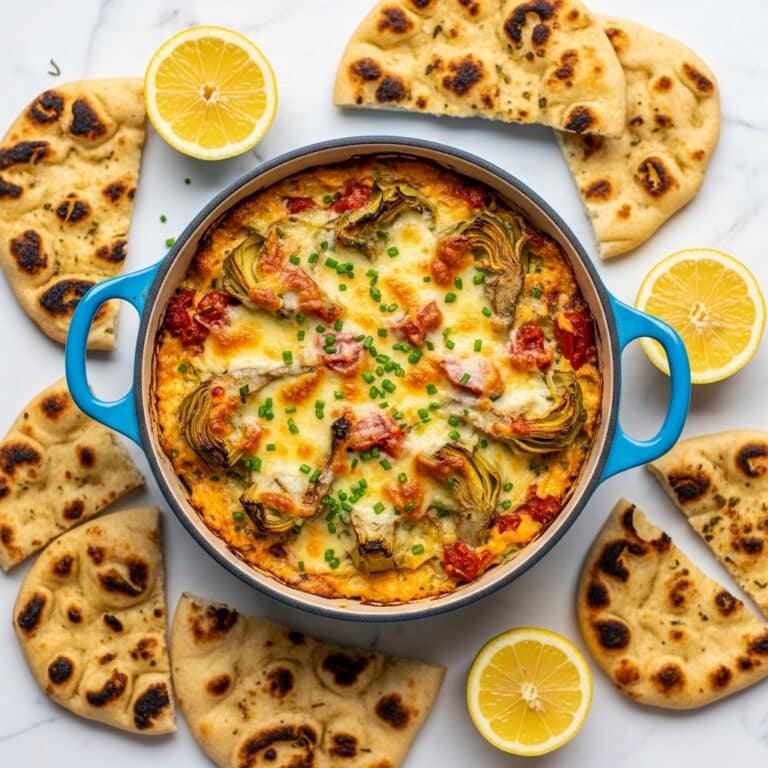 Cheesy Artichoke Dip with Roasted Red Pepper and Basil Recipe