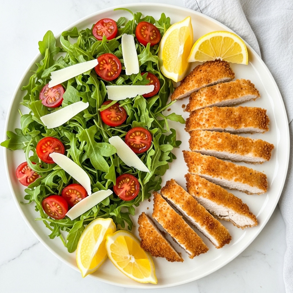 A white plate on a white marbled surface holds a dish with two main parts: a sliced chicken breast and a fresh salad. The chicken breast is cut into six strips, showing a crispy golden-brown crust with small green herb pieces, and the inside is white and tender. Above and below the chicken slices, there are three bright yellow lemon wedges. The salad on the left side has dark green arugula leaves, halved red cherry tomatoes, and thin white cheese flakes, lightly sprinkled with black pepper. The setting includes a soft beige cloth slightly in the corner. Photo taken with an iphone --ar 4:5 --v 7