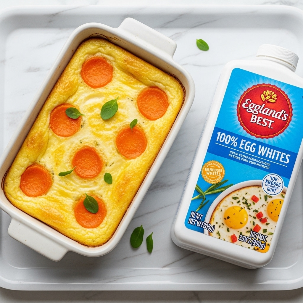 A rectangular white ceramic dish filled with a baked egg casserole that has a golden brown top layer with some darker brown spots, indicating a well-cooked cheesy crust. The casserole surface is garnished with small green parsley leaves scattered in three places. The dish is placed on a round white plate, which stands on a white marbled surface. Next to the dish is a white carton of Eggland’s Best 100% Egg Whites with blue and red text and an image of an egg white dish. Photo taken with an iphone --ar 4:5 --v 7