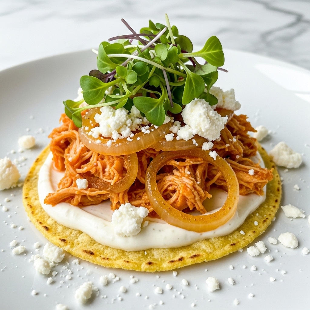 A single small round corn tortilla lays flat on a white marbled surface. The base layer is a smooth, creamy white sauce covering the entire tortilla. Above this, there is a layer of shredded orange-brown cooked chicken mixed with soft orange cooked onion strips. On top of the chicken, fresh green microgreens add a touch of vibrance and freshness. Scattered around and on top of the microgreens are small crumbles of white cheese, adding texture and contrast. Salt crystals are sprinkled lightly on the dish and the surrounding surface. photo taken with an iphone --ar 4:5 --v 7