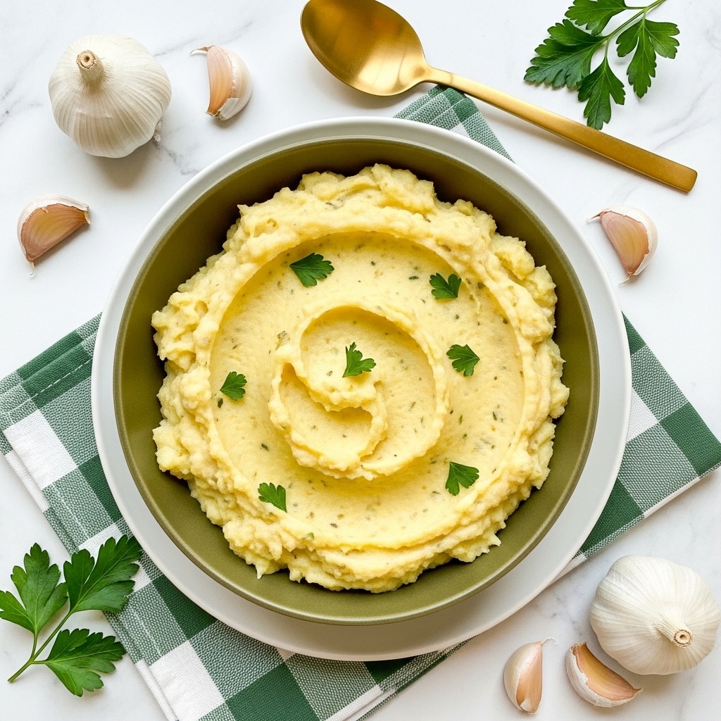 A bowl of mashed potatoes with a light, creamy texture and pale yellow color topped with small pieces of green parsley is shown. The mashed potatoes fill the bowl fully with a slightly rough, spooned surface. The bowl is olive green and set on a white plate with a green and white checkered napkin underneath. Around the bowl, garlic cloves and parsley leaves are scattered on a white marbled surface. A gold spoon rests above the bowl. photo taken with an iphone --ar 4:5 --v 7