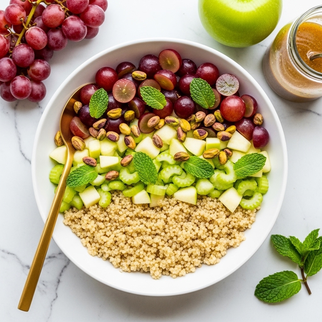 A white bowl with decorative ridges is filled with a mixed salad showing three main layers: the bottom layer is made of light beige quinoa with small dark seeds; the middle layer has green apple chunks and celery pieces adding fresh green colors and crisp textures; the top layer includes halved red grapes, whole pistachios, and bright green mint leaves, adding vivid pops of red, green, and texture contrast. A gold spoon rests inside the bowl on the left side, partially submerged in the salad. Around the bowl on a white marbled surface are scattered pistachios, mint sprigs, a green apple on the right, and a cluster of red grapes on the top right corner. photo taken with an iphone --ar 4:5 --v 7