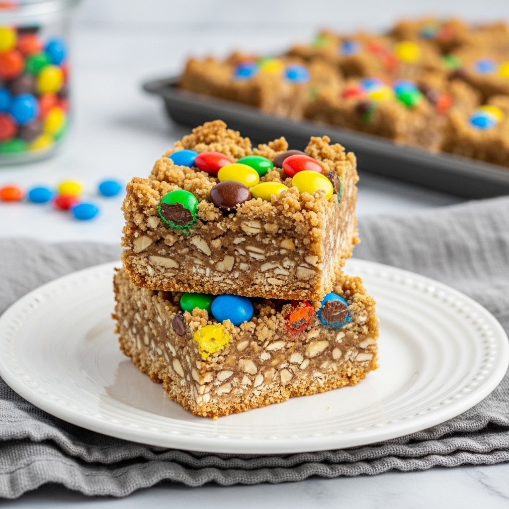 Two oatmeal cookie bars stacked on a white plate, each bar showing a crumbly light brown texture with visible oats and nuts throughout. The top bar is decorated with colorful candy-coated chocolates in red, green, blue, yellow, and orange, scattered unevenly across the surface. The plate rests on a gray cloth on a wooden table, with a blurred pan of more bars and a small glass bowl of candies placed behind them. The image is bright and clear, focused on the cookie bars. photo taken with an iphone --ar 4:5 --v 7