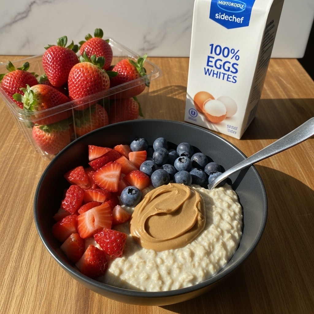 A bowl of oatmeal is shown from above, with a grey spoon resting inside it. The oatmeal forms the base layer, light brown and soft in texture. On top, there are several toppings in separate sections: bright red chopped strawberries on the left, dark blue whole blueberries on the right, and a rounded dollop of creamy brown peanut butter with a drizzle of honey in the center. The bowl is placed on a white marbled surface beside a clear plastic carton of large bright red strawberries with green leaves on top left, and a white carton of egg whites standing upright to the upper right. Photo taken with an iphone --ar 4:5 --v 7