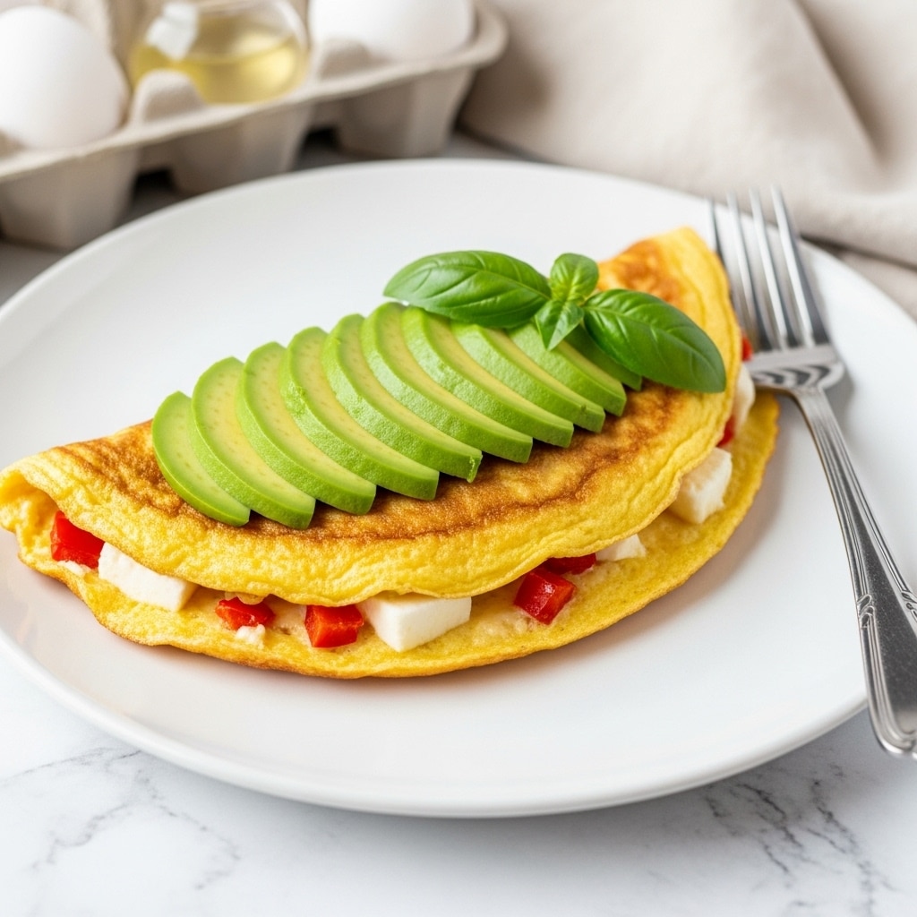 A folded omelette sits on a large white plate, showing a golden-brown crispy edge with a soft, slightly fluffy inside that contains bits of red and green vegetables. On top of the omelette, there are several thin slices of fresh avocado arranged neatly in a fan shape, along with a single basil leaf placed beside the avocado. A silver fork rests on the right side of the plate. The plate is placed on a white marbled textured surface, with a beige cloth napkin to the right and a carton of egg whites in the background. photo taken with an iphone --ar 4:5 --v 7