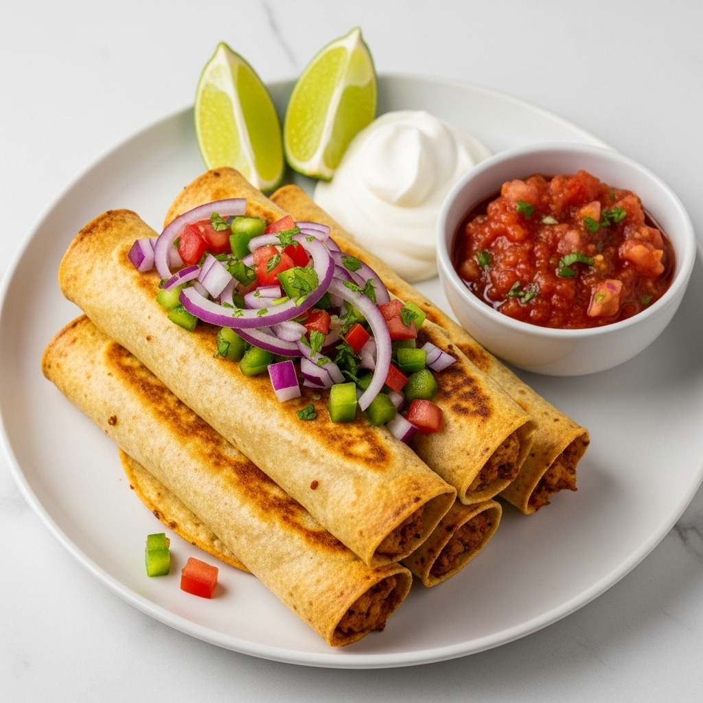 A white plate holds six golden-brown rolled taquitos stacked in two layers, each taquito showing a slightly crispy texture with a light toasted color. On top of the taquitos is a fresh topping made of small diced red tomatoes, purple onions, green jalapeños, and chopped cilantro, adding bright red, purple, and green colors. The plate also has a scoop of white sour cream on the top left and a small green bowl filled with chunky red salsa above the taquitos. To the right of the salsa are two lime wedges showing a bright green color. The plate sits on a white marbled surface. Photo taken with an iphone --ar 4:5 --v 7