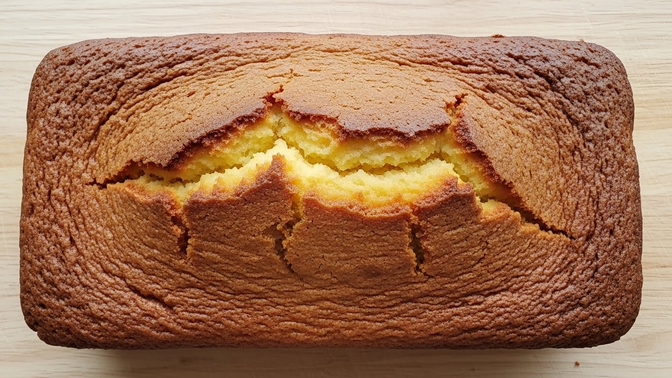 A single rectangular loaf cake with a golden brown crust lies flat directly on a wooden cutting board, with a large crack running through the middle from left to right, showing a soft, light yellow inside texture. The crust has darker brown, slightly raised spots and a rough surface texture. The cake edges are rounded with a firmer, deeper brown color, contrasting the bright yellow interior visible in the crack. photo taken with an iphone --ar 4:5 --v 7