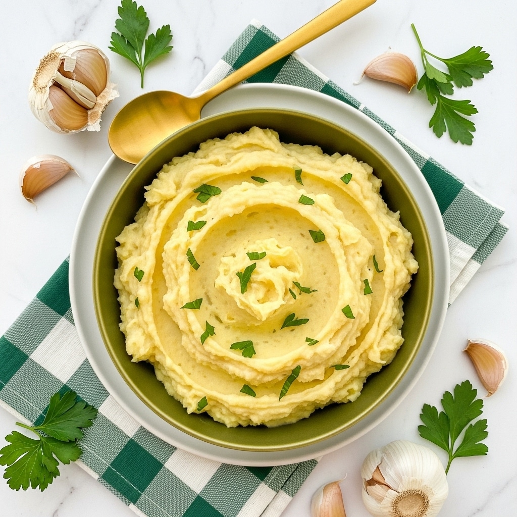 The image shows a bowl filled with creamy mashed potatoes topped with small green parsley pieces. The mashed potatoes have a soft, smooth texture with slight lumps, creating a fluffy look. The bowl is green and placed on a white plate, with a green and white checkered napkin underneath. Around the bowl, there are cloves of garlic on a white marbled surface with some garlic skins and parsley leaves scattered nearby. A gold spoon rests on the napkin near the bowl. photo taken with an iphone --ar 4:5 --v 7