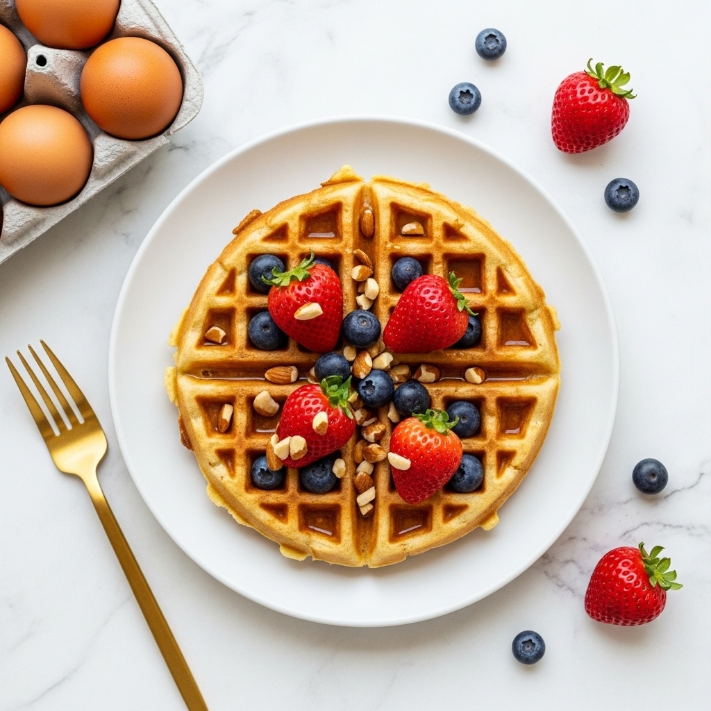 A white plate holds a round waffle divided into four equal pieces, each golden brown with a crisp texture and square grid patterns. On top of the waffle pieces, there are whole strawberries placed on two of the quarters, and several blueberries scattered across all four sections. Small pieces of chopped nuts are sprinkled evenly over the waffle, and a light drizzle of syrup shines on the surface. The plate sits on a white marbled background, with a carton of eggs partially visible in the upper left corner and a gold fork placed to the lower left. A single strawberry and a blueberry rest on the marble surface near the top right of the plate. photo taken with an iphone --ar 4:5 --v 7