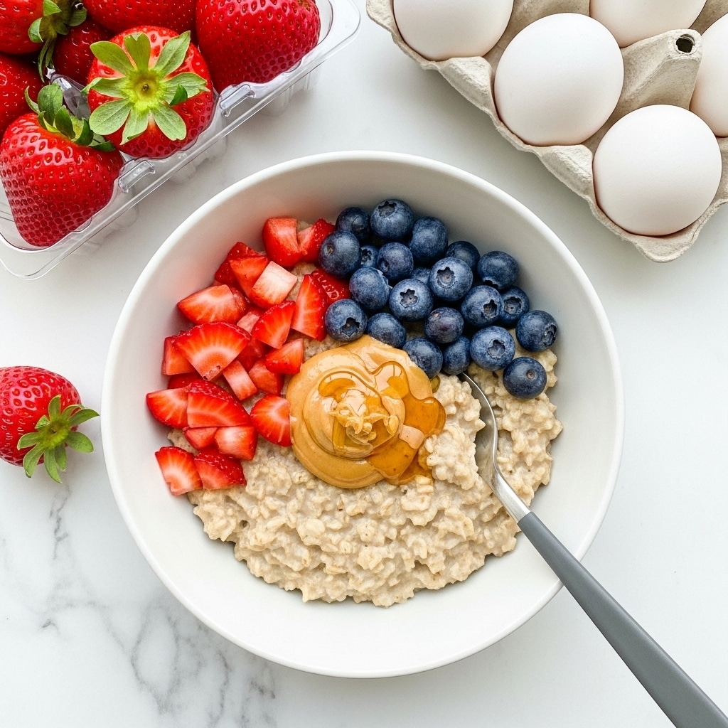 A dark bowl filled with a creamy oatmeal base topped with fresh, bright red chopped strawberries clustered on one side, deep blue blueberries grouped beside them, and a generous dollop of smooth, light brown peanut butter in the center. A silver spoon rests inside the bowl on the right side. Nearby, there is a clear plastic container filled with whole ripe strawberries and a white carton of 100% egg whites standing upright. All items are placed on a wooden table with a white marbled texture in the background, and sunlight casts soft shadows across the scene. Photo taken with an iphone --ar 4:5 --v 7