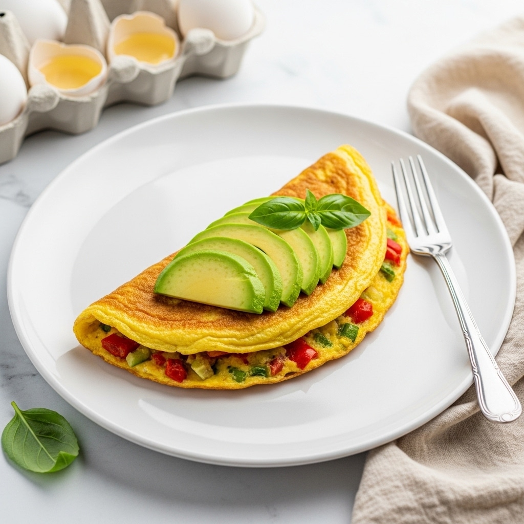 A folded omelette sits on a white plate with a slightly crispy golden-brown edge and visible bits of red bell pepper and white cheese peeking out from the softer inner layer. On top of the omelette, there is a neat row of thinly sliced avocado, bright green and smooth, with a single fresh green basil leaf placed beside the avocado for garnish. A silver fork rests to the right side of the plate, and in the background, there is a carton of egg whites and a light beige cloth on a white marbled surface. photo taken with an iphone --ar 4:5 --v 7