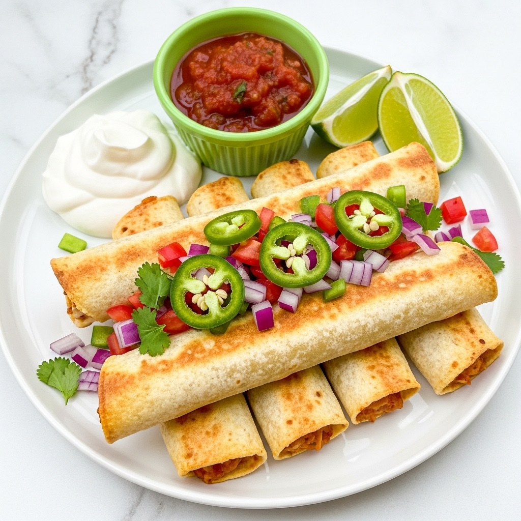 A white plate holds six golden-brown rolled tacos stacked in two layers, each taco crispy on the outside with visible browned spots. On top of the tacos is a colorful mix of finely chopped red onions, green peppers, tomatoes, and herbs, adding red, purple, and green colors with a fresh texture. To the side of the tacos is a dollop of white sour cream and a small white bowl filled with chunky red salsa. Two green lime wedges rest on the edge of the plate, adding brightness and contrast. The plate sits on a white marbled surface. photo taken with an iphone --ar 4:5 --v 7
