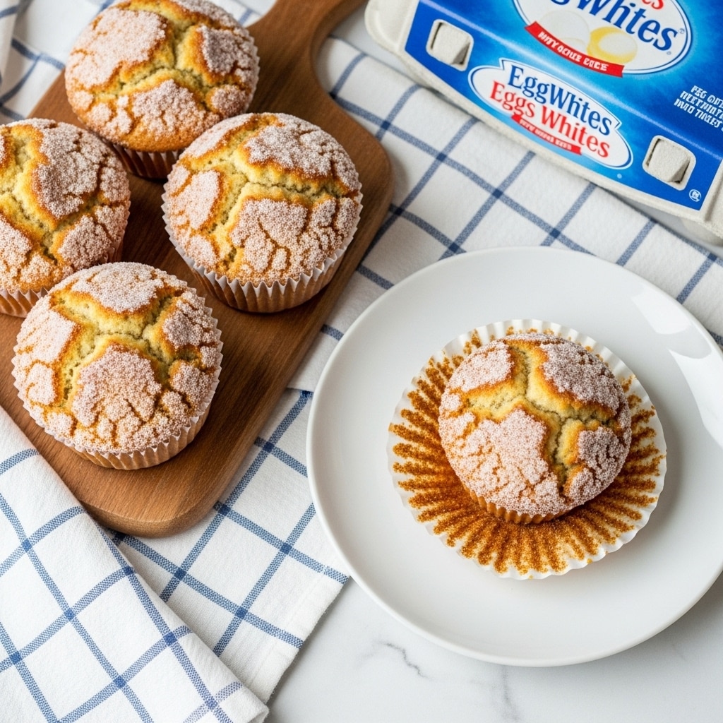 The image shows four light golden brown muffins with a crumbly sugar topping. Three muffins sit on a wooden board lined partially by a white cloth with black grid lines, and one muffin is unwrapped and placed on a white plate with brown stains from the liner around its base. The muffin liners are white and ruffled. To the right, a carton of egg whites with blue and red text is partly visible. The whole setting is on a white marbled surface. photo taken with an iphone --ar 4:5 --v 7