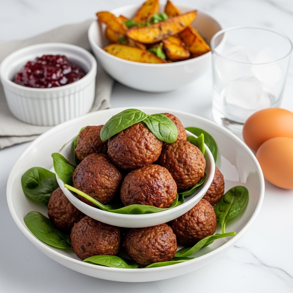 A white bowl filled with about two layers of golden-brown, glossy meatballs garnished with a few fresh green leaves on top, placed on a white marbled surface with a striped cloth underneath. Behind the bowl is a small white ramekin filled with deep red berry sauce, next to it is a white bowl with golden potato wedges and a green garnish. To the right, there is a clear glass of water with ice cubes and two brown eggs placed on the surface nearby. Photo taken with an iphone --ar 4:5 --v 7