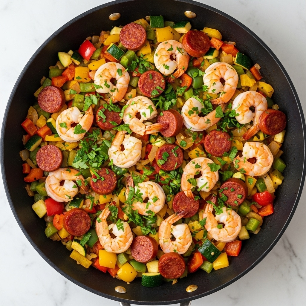 A large black pan is filled with a colorful shrimp and sausage dish. The base layer is a mix of chopped yellow, red, and green bell peppers along with diced zucchini, creating a bright and chunky texture. On top of this vegetable mix, there are plump, pink shrimp scattered evenly, with their tails still on. Interspersed among the shrimp are sliced pieces of browned sausage, adding a rich reddish-brown tone. The entire dish is generously garnished with fresh green parsley leaves, adding a leafy texture and fresh color contrast. The pan rests on a white marbled textured surface. photo taken with an iphone --ar 4:5 --v 7