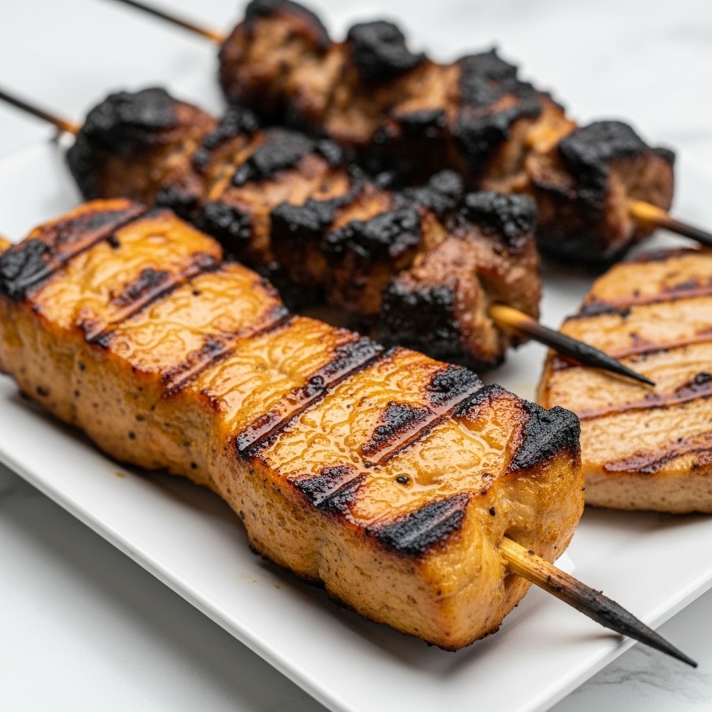 A white plate holds two wooden skewers with grilled chicken pieces, showing a mix of dark brown and golden colors with slightly charred edges giving a crispy texture. In the foreground, there is a piece of grilled plantain with a deep golden brown and slightly shiny look. In the background, you can see thin slices of grilled meat with a lighter brown color and subtle grill marks. The plate is set on a white marbled surface. photo taken with an iphone --ar 4:5 --v 7