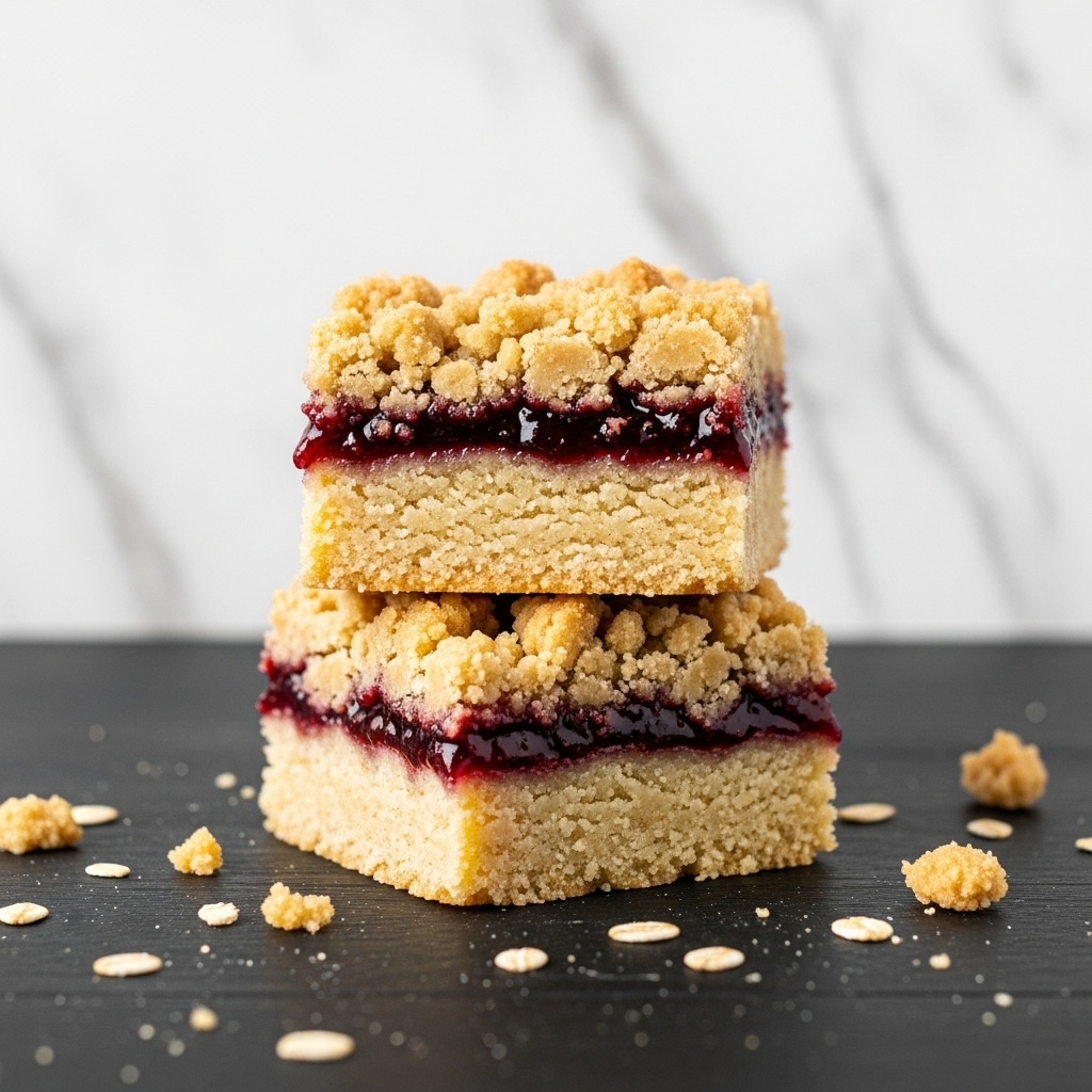 Two square crumb bars stacked on top of each other placed on a dark wooden surface. Each bar has three layers: a thick golden brown crumbly base at the bottom, a shiny, deep red jam layer in the middle, and a light beige crumbly topping with uneven large and small crumbs on top. Small crumbs and a few oat pieces are scattered near the bars. The background is a smooth white marbled texture. photo taken with an iphone --ar 4:5 --v 7