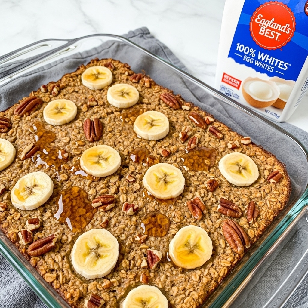 The image shows a square baked oatmeal dish in a clear glass baking dish. The oatmeal base is light brown and textured with visible oats and chopped pecans evenly spread on top. There are thin, round slices of banana placed in clusters over the oatmeal. A drizzle of golden maple syrup adds a glossy shine, pooling slightly among the oats and nuts. The dish is set on a white marbled surface with a folded gray and blue cloth beside it, and next to the dish is a carton of 100% egg whites with blue and red labeling. photo taken with an iphone --ar 4:5 --v 7
