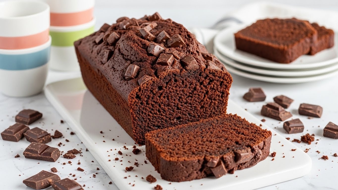 A chocolate loaf cake sits on a white marble surface, sliced at the front to reveal two layers: a dense, moist dark brown inside and a slightly crusty, darker brown outer layer with large chocolate chunks spread across the top. Chocolate pieces and crumbs are scattered around the loaf. In the background, blurred white cups and stacked white plates hold an additional slice of the same loaf. Photo taken with an iphone --ar 4:5 --v 7