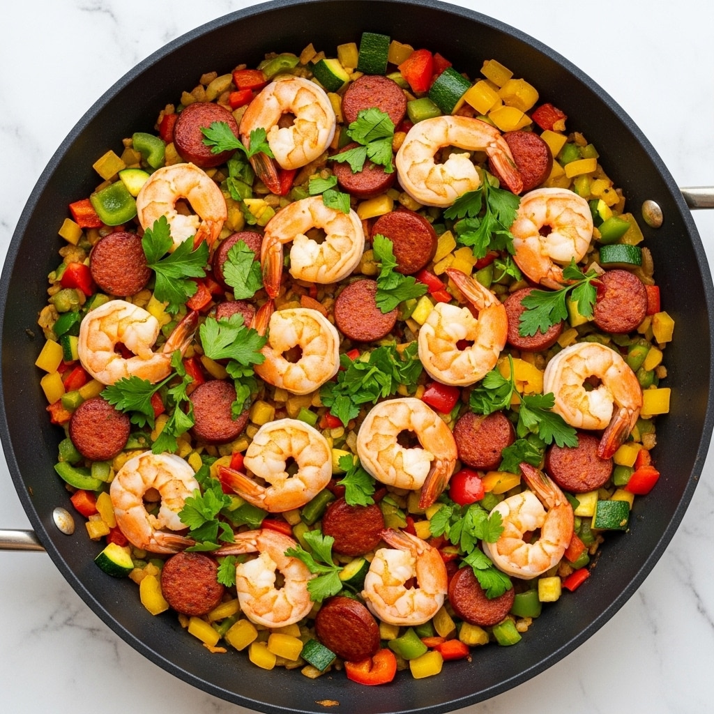 A large black pan filled with a colorful cooked dish that has several layers: the bottom layer is a mix of diced yellow, red, and green bell peppers with small pieces of green zucchini, creating a rich base of red, yellow, and green colors; on top, there are cooked shrimp with a light pink and white color, and round slices of reddish sausage scattered evenly. Bright green chopped parsley is sprinkled over everything, adding freshness and texture. The pan is set on a white marbled surface. photo taken with an iphone --ar 4:5 --v 7