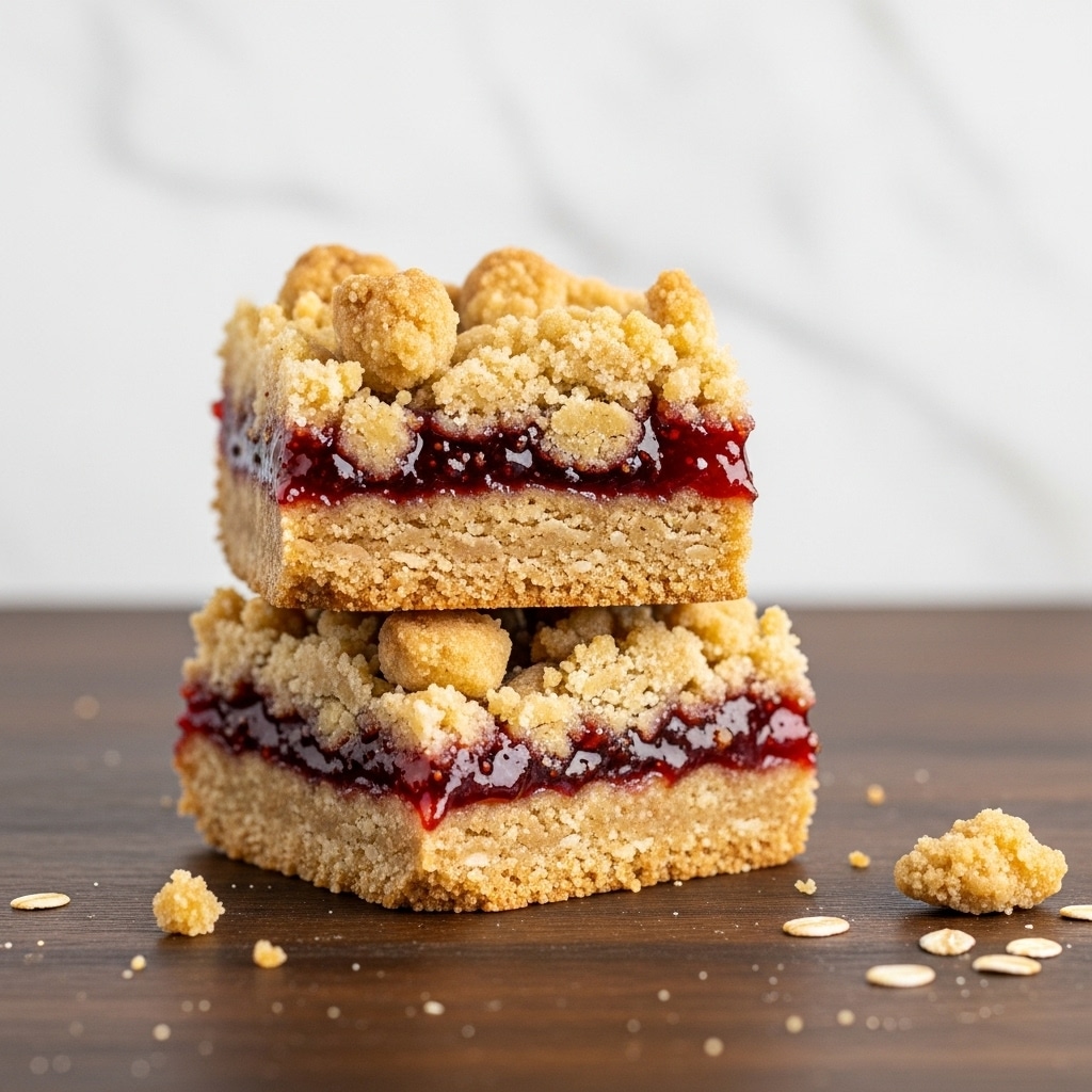 Two crumb bars stacked on a dark wooden surface with a white marbled textured background. Each bar has three layers: a bottom layer of light golden crumbly dough, a middle thin layer of dark red jam with a glossy texture, and a top layer of chunky, light beige crumb topping. Small crumbs and oat flakes are scattered around the bars. Photo taken with an iphone --ar 4:5 --v 7