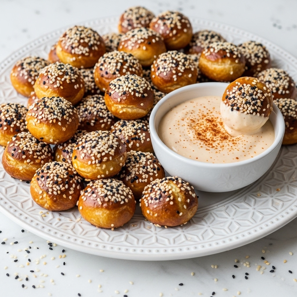 A large white oval plate holds many small, golden brown pretzel bites covered with a mix of white and black sesame seeds. The pretzel bites are irregularly shaped but mostly rectangular, piled high on the plate. On the right side of the plate, there is a small white bowl filled with a creamy, light tan dipping sauce with a few sprinkles of red spice on top. One pretzel bite is dipped halfway and resting on the edge of the bowl. The background is a white marbled surface with scattered sesame seeds. Photo taken with an iphone --ar 4:5 --v 7