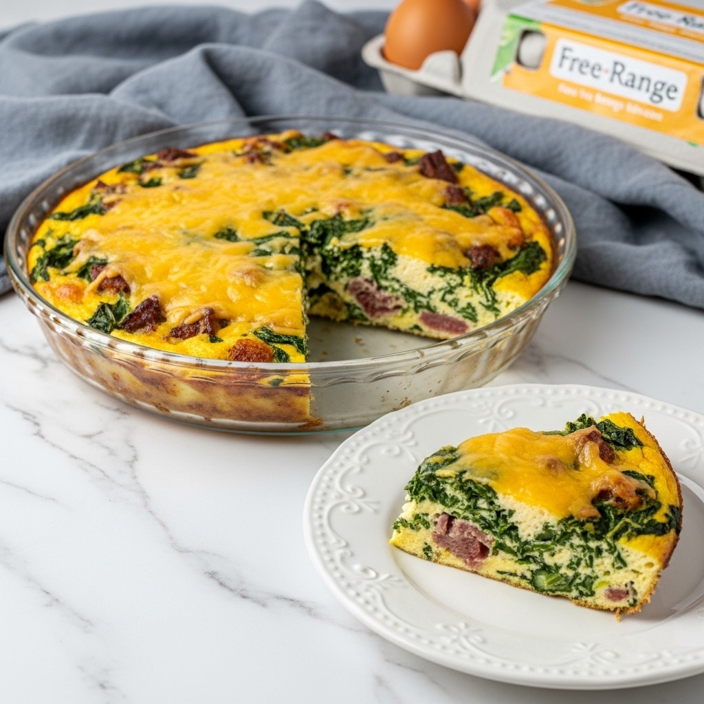 A round glass baking dish holds a baked egg casserole with a golden-yellow top layer mixed with melted cheese and bits of green herbs and vegetables. The edges are slightly browned and crispy. A slice is cut out, showing layers of creamy egg mixture with visible green leafy vegetables and chunks of ham or bacon inside. The casserole is garnished with a small cluster of fresh green leaves on top. A single slice of the casserole sits on a white plate with a decorative edge on a white marbled surface next to a light gray cloth and a blue carton of eggs. The photo taken with an iphone --ar 4:5 --v 7