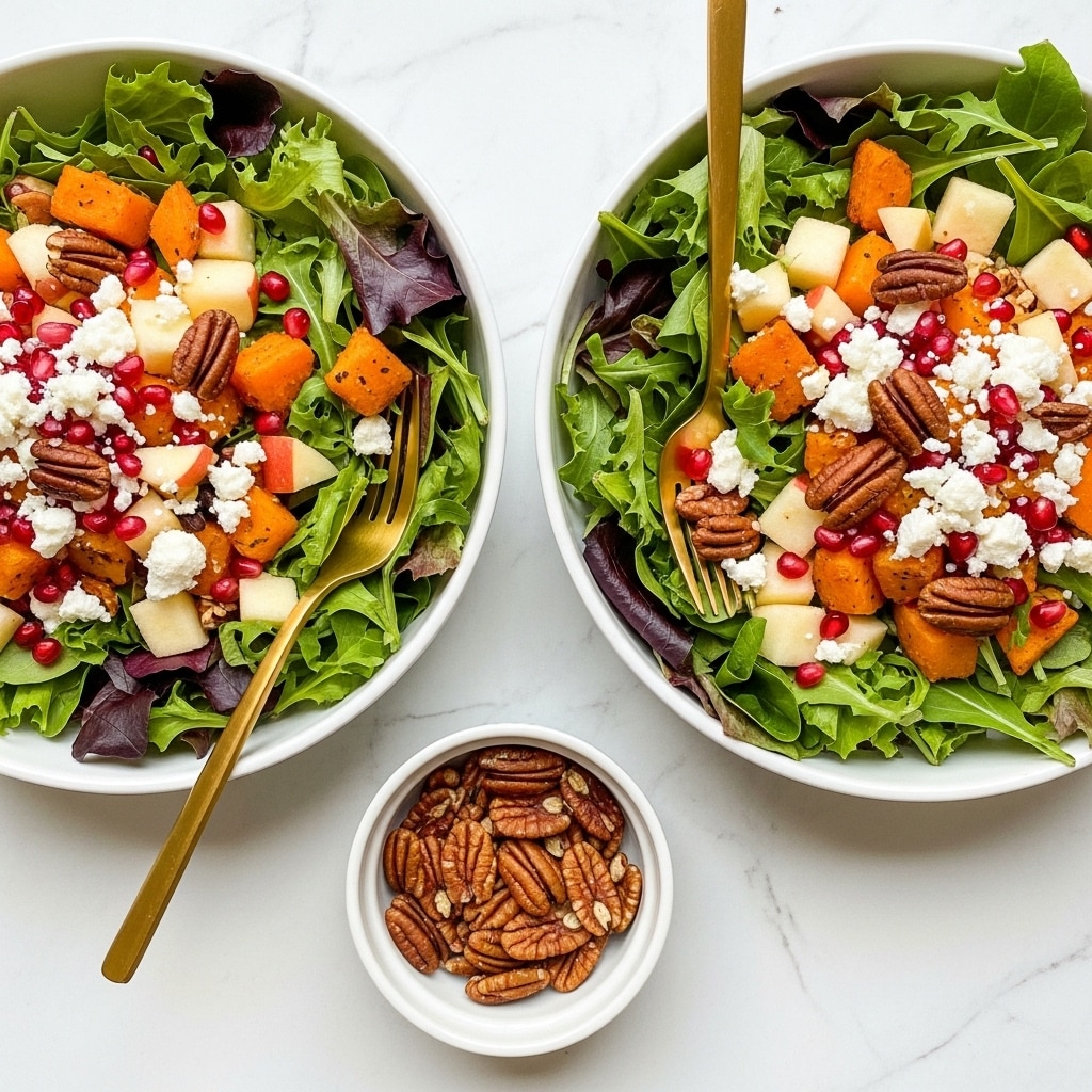 Two white bowls filled with fresh salad sit on a white marbled surface. The salad has a base of mixed green and purple leafy lettuce, topped with bright orange cubes of butternut squash, small white chunks of apple, red pomegranate seeds scattered throughout, and toasted brown pecans. Crumbled white cheese is sprinkled on top adding texture and contrast. Each bowl has a gold fork resting on the salad inside. A small white bowl with extra toasted pecans is placed between the two larger bowls. photo taken with an iphone --ar 4:5 --v 7