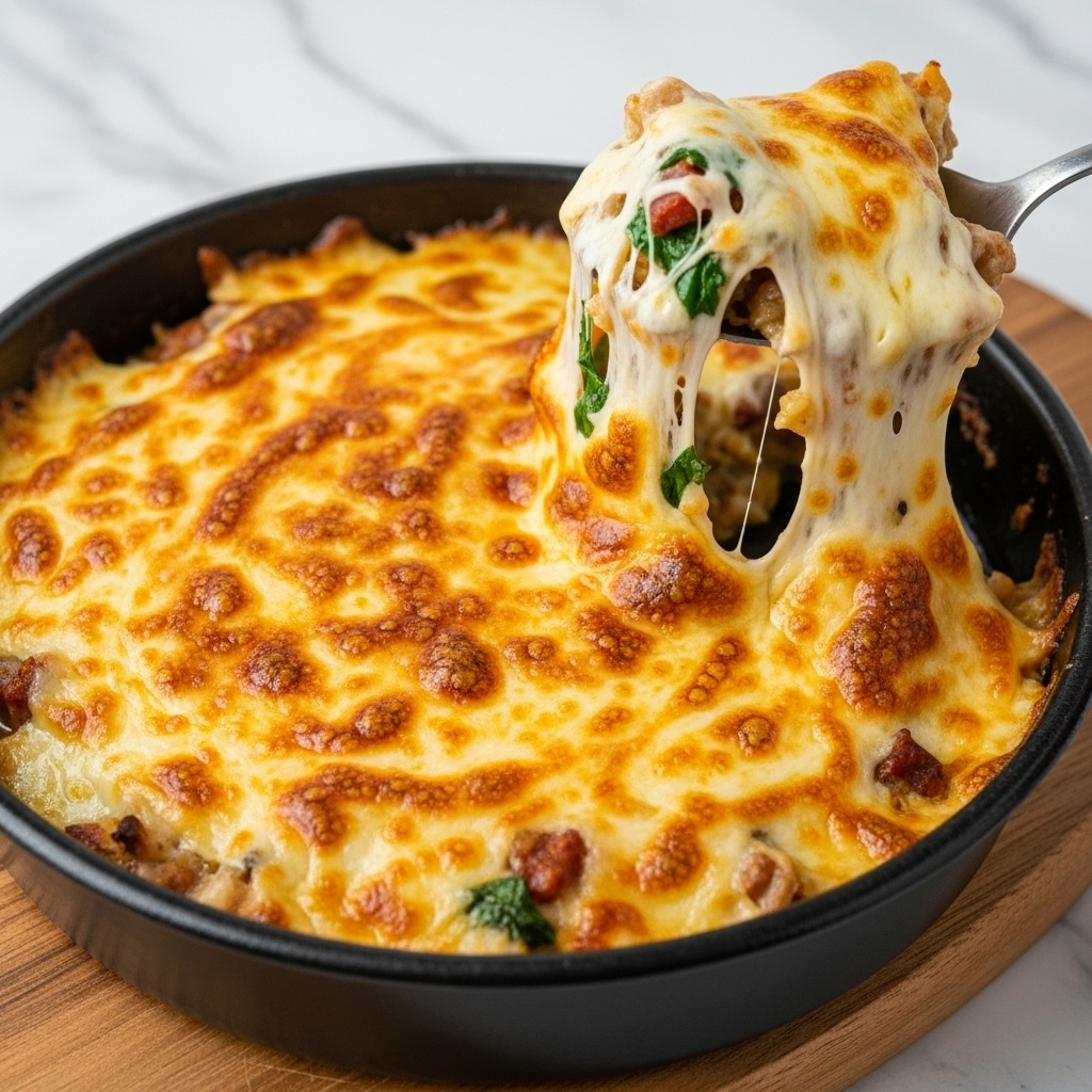 The image shows a black round dish filled with a baked cheesy casserole. The top layer is golden-brown melted cheese with some small orange spots, giving it a slightly crispy texture. Underneath the cheese, there are soft yellow corn kernels and bits of green herbs or vegetables mixed in a creamy base. A spoon is lifting a portion from the center, revealing gooey melted cheese stretching between the dish and the spoon. The dish is placed on a light wooden surface, which should be imagined as a white marbled texture. Photo taken with an iphone --ar 4:5 --v 7