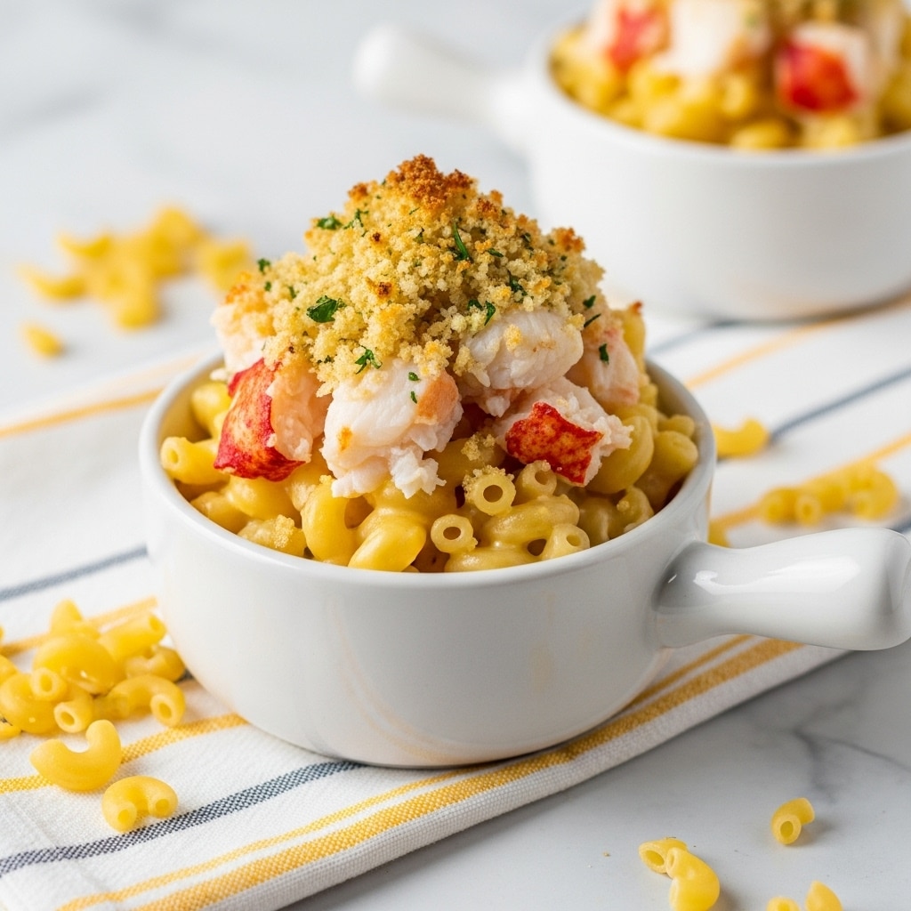 A close-up of a white bowl with a handle filled with macaroni pasta covered with creamy sauce and small chunks of pink seafood, topped with a golden-brown crumbly layer sprinkled with green herbs on top. The bowl sits on a white marbled surface with scattered spiral pasta pieces and a yellow and white striped cloth beneath it. Another similar bowl filled with the same macaroni dish is slightly blurred in the background. photo taken with an iphone --ar 4:5 --v 7