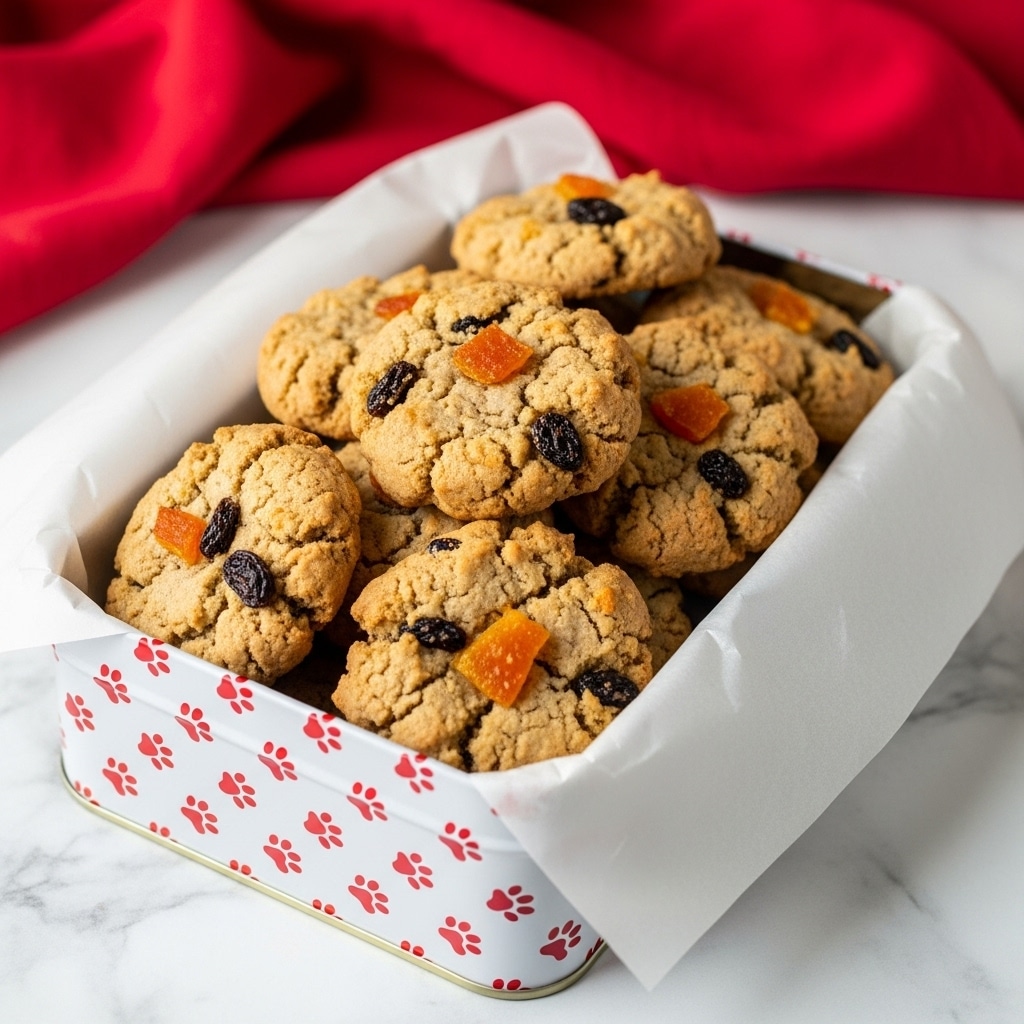 A metal box lined with white parchment paper holds a pile of soft, round oatmeal cookies that are light brown with visible dark raisins and small orange bits mixed throughout. The cookies have a slightly rough, chunky texture and are stacked loosely inside the box. The box has small red paw prints on the sides and sits against a backdrop with a red cloth and a white marbled surface below. photo taken with an iphone --ar 4:5 --v 7