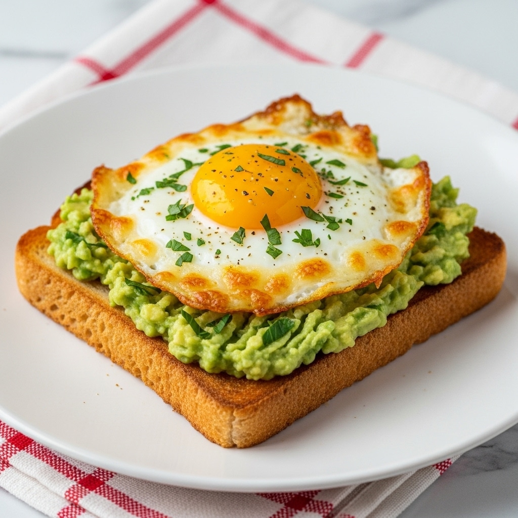 A single slice of toasted bread with a crispy golden-brown edge sits in the center of a white plate, topped with a smooth green layer of mashed avocado spread evenly. On top of this is a fried egg with a bright yellow yolk in the middle, surrounded by cooked white edges that have browned and curled slightly, with a melted layer of cheese that is golden and bubbly, hugging the egg and the toast beneath. Small green herb pieces are scattered on top and around the egg. The plate rests on a red and white checkered cloth over a white marbled surface, with two fresh basil leaves placed near the toast and light wooden utensils and an egg nearby. Photo taken with an iphone --ar 4:5 --v 7