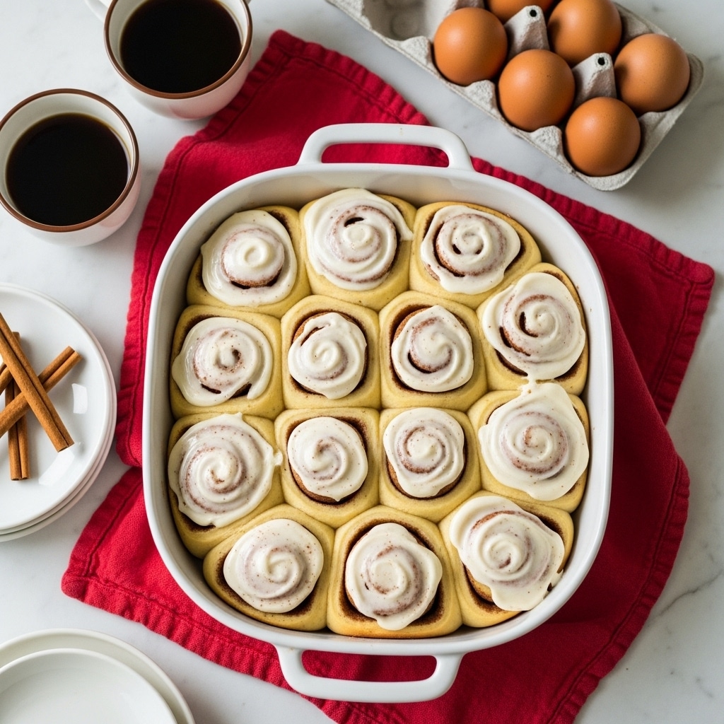 A white ceramic baking dish filled with eight cinnamon rolls covered in thick, creamy white icing that spreads unevenly over the swirled golden-brown dough, showing the soft texture and cinnamon layers beneath. The dish sits on a red cloth on a dark wooden surface, surrounded by two white cups filled with dark coffee, a carton of organic brown eggs placed nearby, and a couple of cinnamon sticks arranged above. The scene also includes parts of a white plate with two forks visible on the lower right. The background is changed to a white marbled texture. photo taken with an iphone --ar 4:5 --v 7