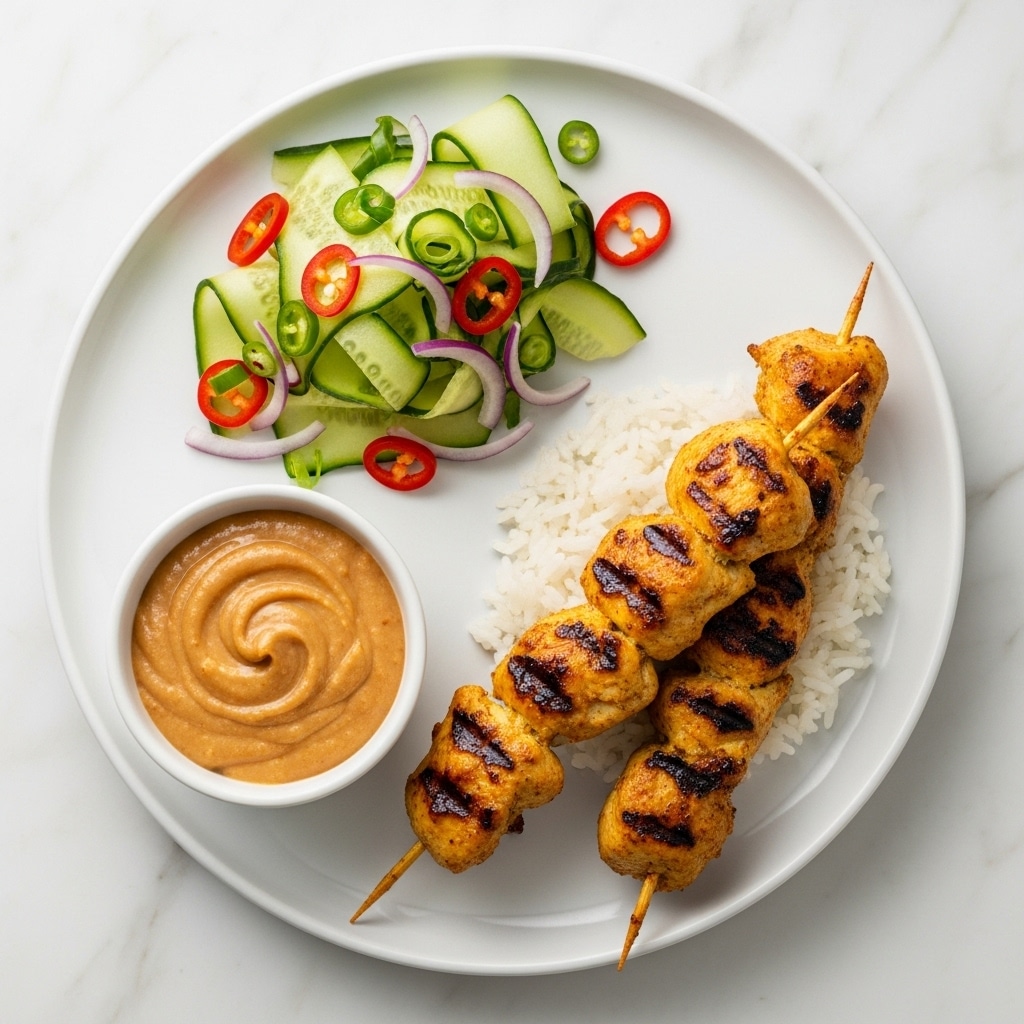 Two grilled chicken skewers with a golden brown color and slight char marks rest on a bed of fluffy white rice on the right side of a large white plate. To the left of the rice, there is a small white sauce dish filled with smooth, light brown peanut sauce. Above the sauce, there is a small serving of thinly sliced cucumber ribbons mixed with rings of red chili and small pieces of red onion, adding vibrant green, red, and purple colors. The plate sits on a white marbled texture surface. photo taken with an iphone --ar 4:5 --v 7
