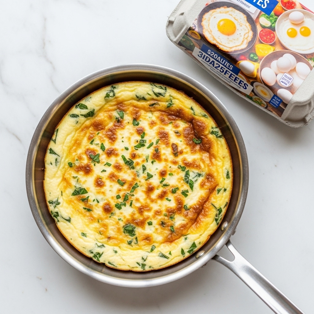 The image shows a golden-brown egg white frittata cooked in a silver frying pan with a wooden handle, sitting on a white marbled texture. The frittata has a lightly browned, bubbly surface with bits of green herbs sprinkled evenly across the top, adding texture and color contrast. The edges of the frittata are slightly raised and cooked to a soft firm texture, while the middle appears smooth with scattered green pieces inside. Next to the pan, there is a carton of 100% cage-free egg whites with blue, red, and white packaging, angled slightly on its side. Bright natural light casts soft shadows around the items, making the colors vivid and highlighting the different textures. photo taken with an iphone --ar 4:5 --v 7