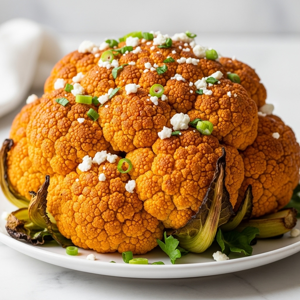 A roasted cauliflower head sits on a white plate, showing its multiple orange-browned florets with crispy textured edges. The cauliflower is topped with small white crumbles of cheese and finely chopped green herbs that are scattered evenly across the surface. The inside of the cauliflower is lighter, creamy white, and soft-looking, while the outside is richly roasted with a mix of orange and brown hues. A few small pieces of green onion add pops of fresh bright green, and some leafy herbs peek out from underneath the florets, adding contrast to the warm tones. The dish is placed on a white marbled texture surface with a soft, blurred background, creating a clean and fresh look. photo taken with an iphone --ar 4:5 --v 7