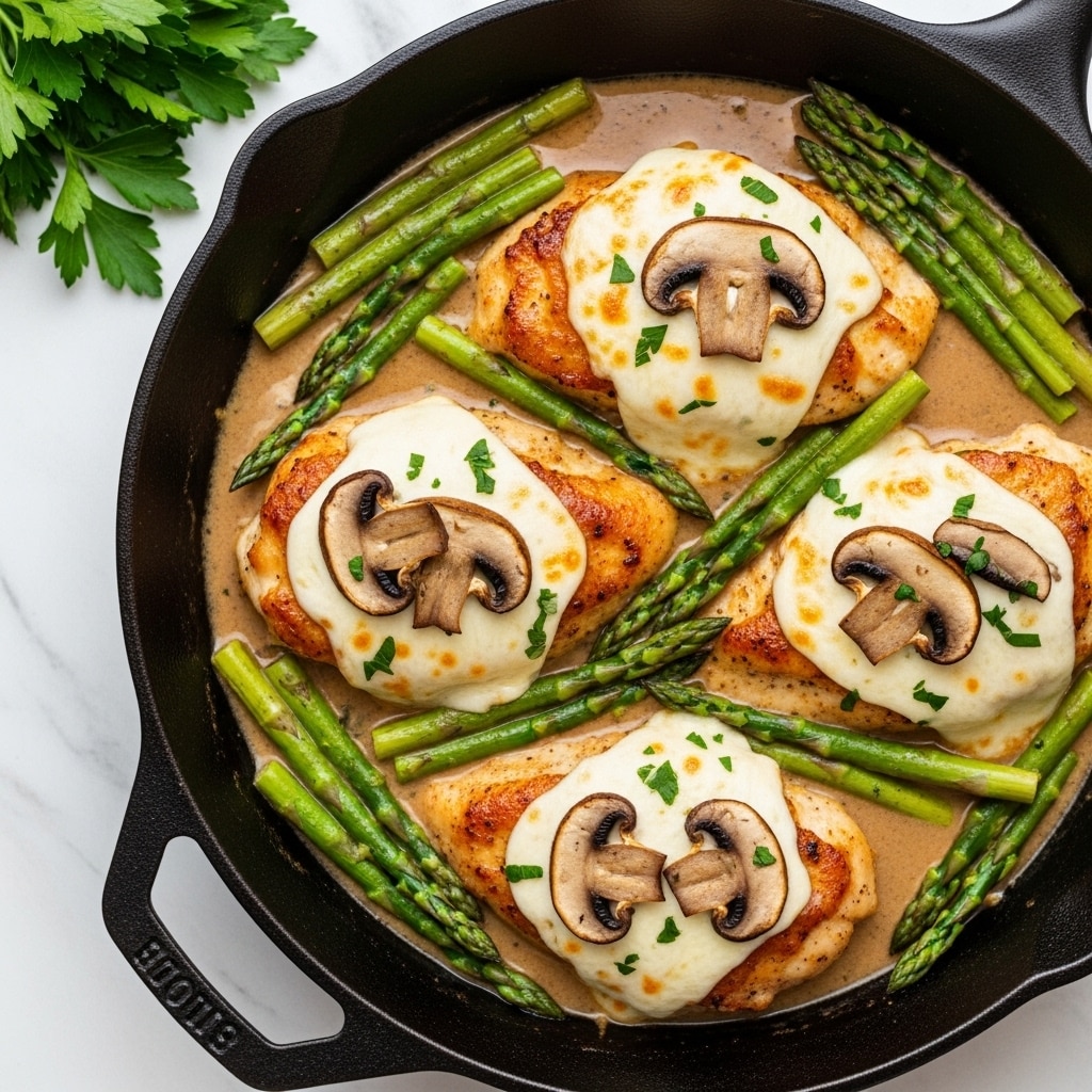 A black skillet filled with a creamy dish that has four main pieces of chicken topped with melted white cheese and brown sautéed mushroom slices. Bright green asparagus spears are scattered around on top of the chicken and sauce. The sauce coating the chicken and mushrooms is light brown and smooth, pooling at the bottom of the skillet. The skillet rests on a beige handle against a white marbled surface with some fresh green parsley sprigs nearby. photo taken with an iphone --ar 4:5 --v 7