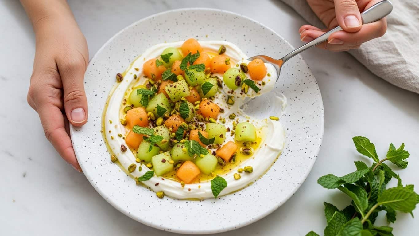 A speckled beige plate holds a layered dish starting with a base of smooth white yogurt that is spread thinly and unevenly. On top, small cubes of green melon and pale orange cantaloupe are scattered along with chopped green pistachios and fresh green mint leaves, giving a fresh and colorful look. A woman's hand holds the plate on the left side, while another woman's hand on the right side uses a spoon with a dark handle to scoop up a mix of the yogurt and melon pieces. The surface beneath is a soft, white marbled texture, with a light gray cloth and a bunch of fresh mint leaves nearby. Photo taken with an iphone --ar 4:5 --v 7