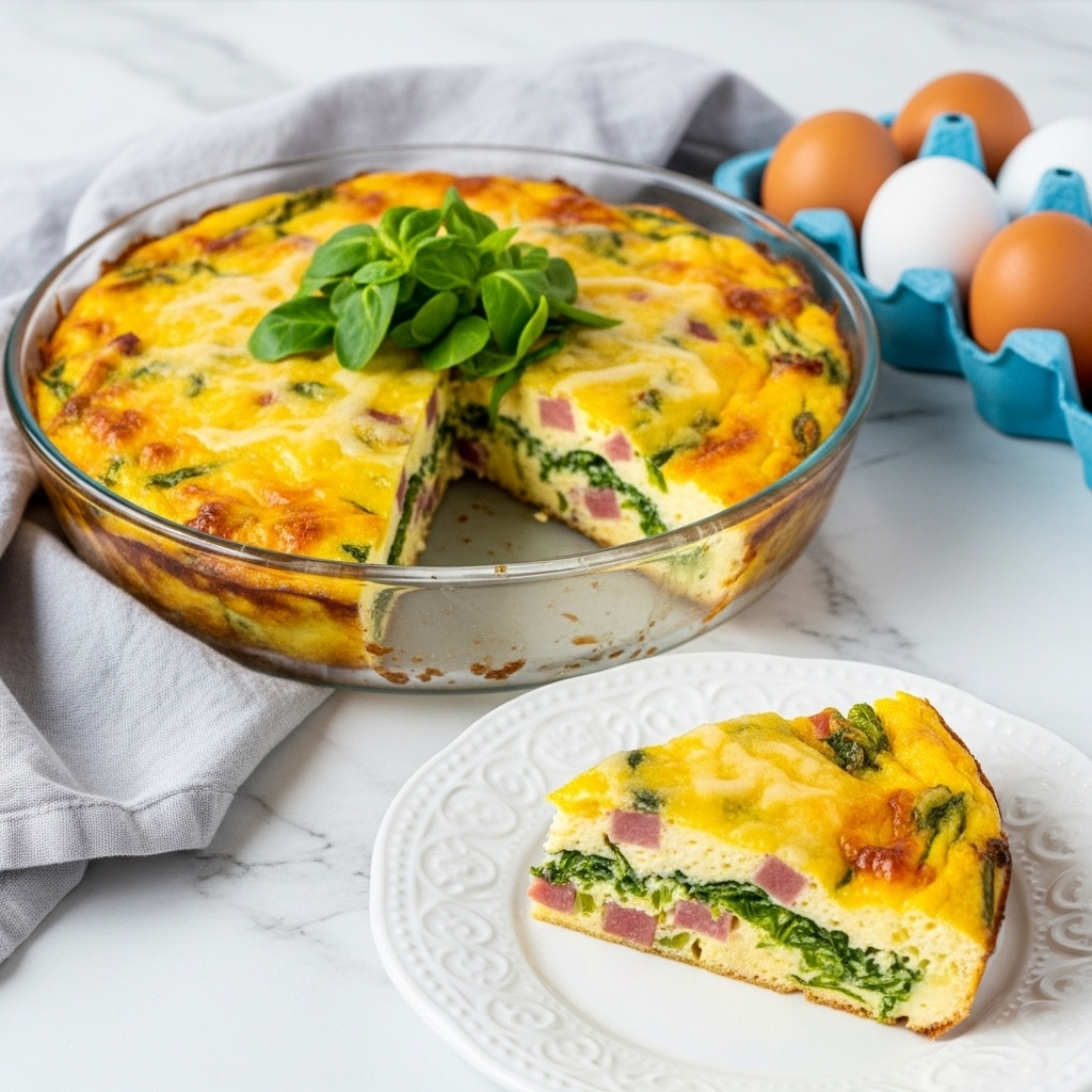 The image shows a round baked egg dish in a clear glass pie dish with a golden-brown edge and a slice cut out, revealing a thick layer of mixed ingredients including green herbs and melted yellow cheese on top. The egg layer is light yellow with green leafy bits and some browned pieces of meat or vegetables inside. The slice is placed on a white plate with a decorative edge, showing the same colorful mix of egg, cheese, and greens. The background features a soft blue-gray cloth and a carton of free-range eggs, with everything set on a white marbled surface. Photo taken with an iphone --ar 4:5 --v 7